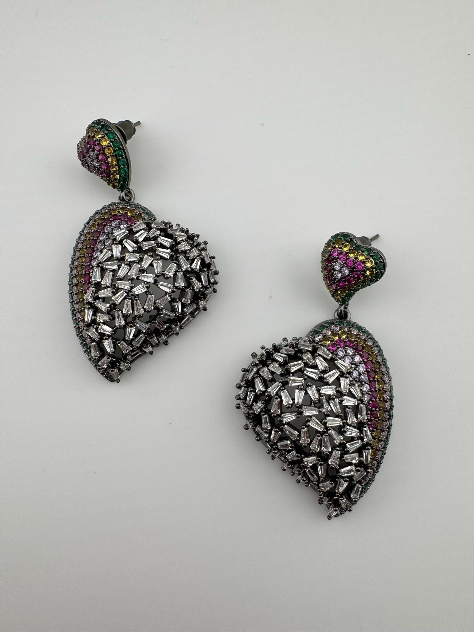 Premium Multicolor Nano Setting Cubic Zirconia and Crystal stones Victorian designer Heart earrings