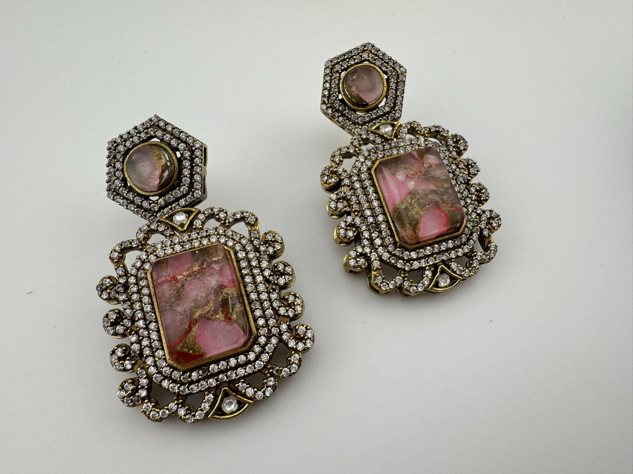 Premium Drop earrings with Marble Doublet stone and cubic zirconia, Gold polish