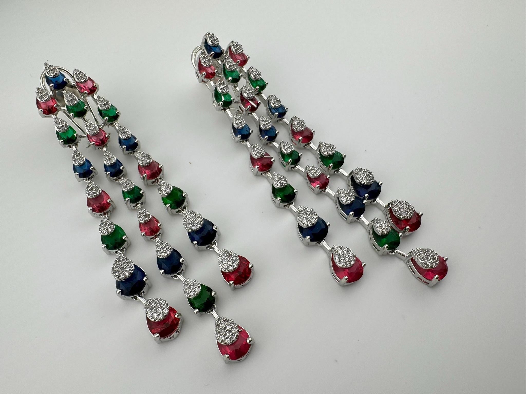 Premium Cubic Zirconia and Crystal stone in multicolor Statement Long earrings