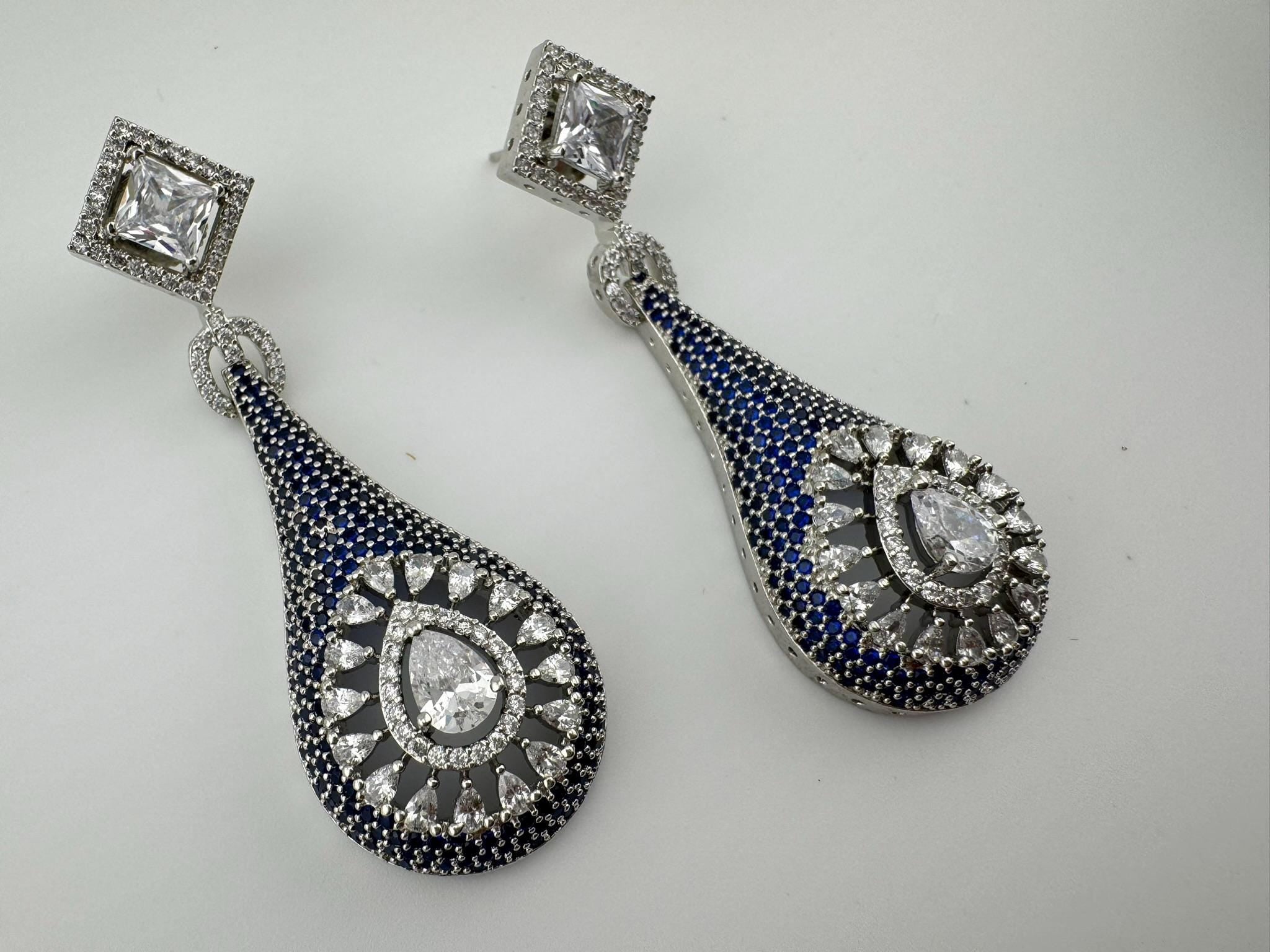 Blue Premium Nano Setting Cubic Zirconia Long Drop earrings with Clear crystal stones