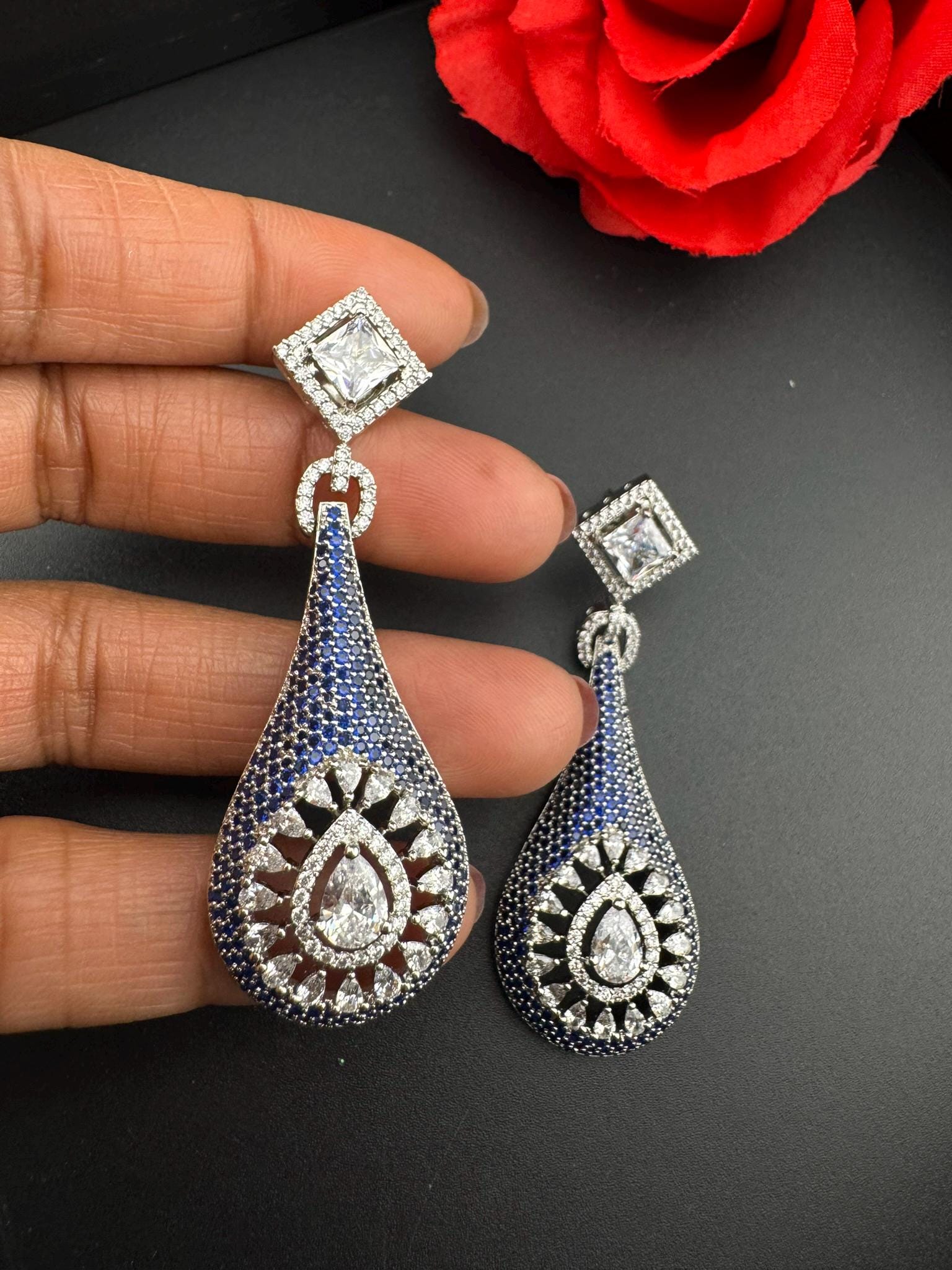 Blue Premium Nano Setting Cubic Zirconia Long Drop earrings with Clear crystal stones