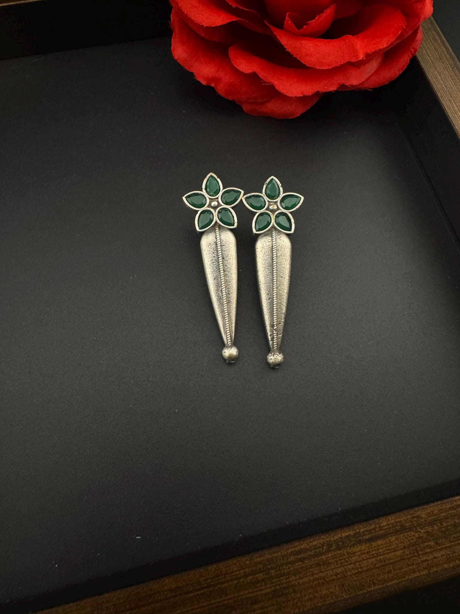 Oxidized German silver unique long stud earrings