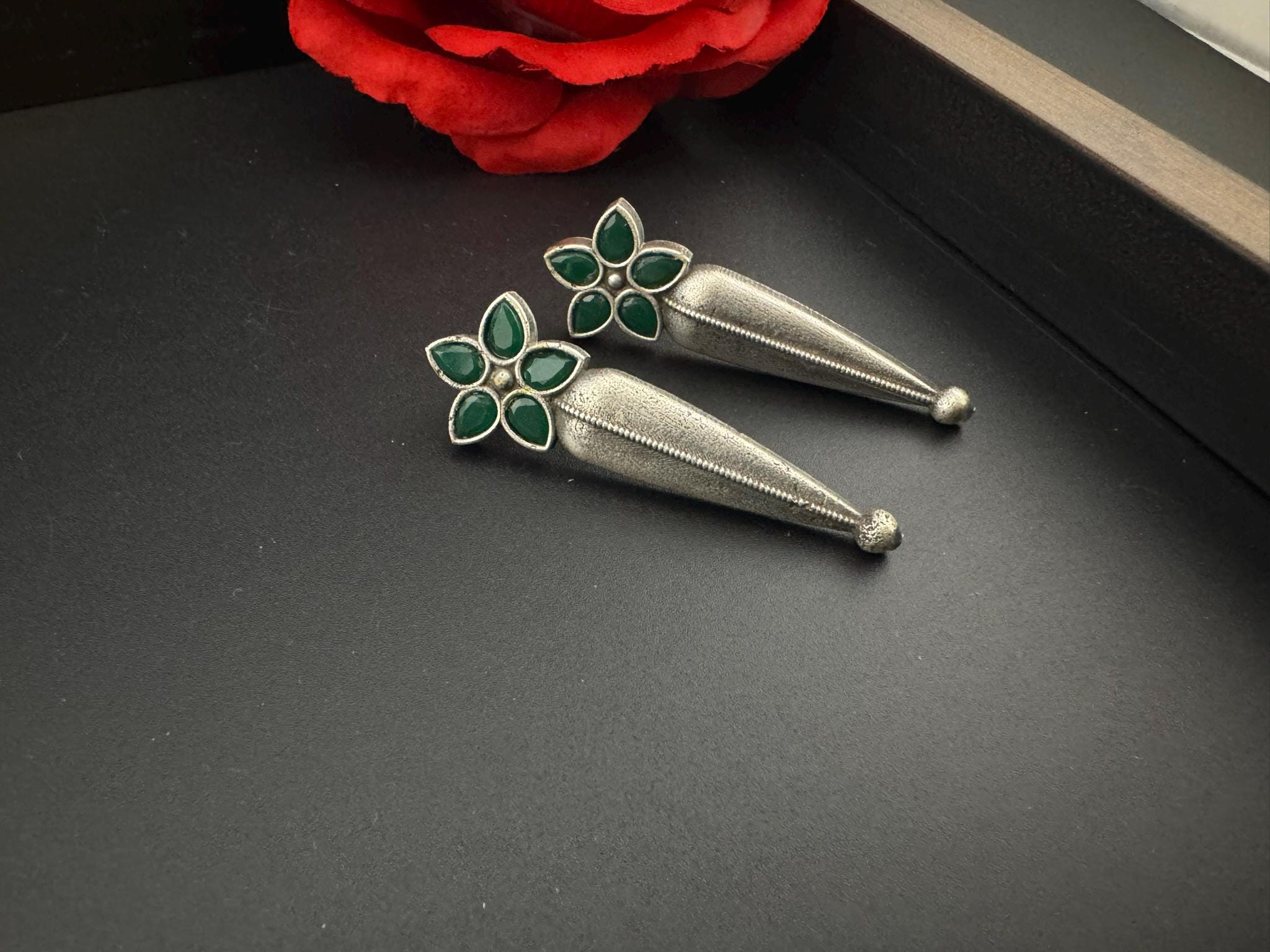 Oxidized German silver unique long stud earrings