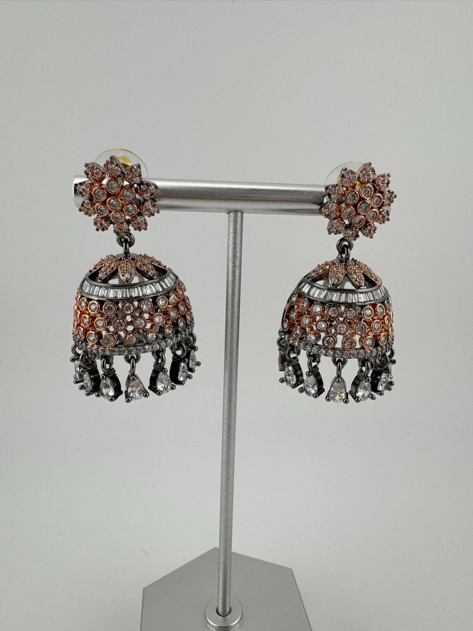 Premium Victorian Polish and Rose Gold color Jhumka with Cubic Zirconia in unique setting