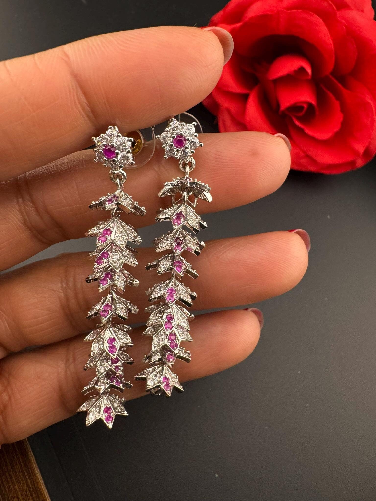 Premium Long Earring in Cubic Zirconia / Set of small jhumkis in long earrings