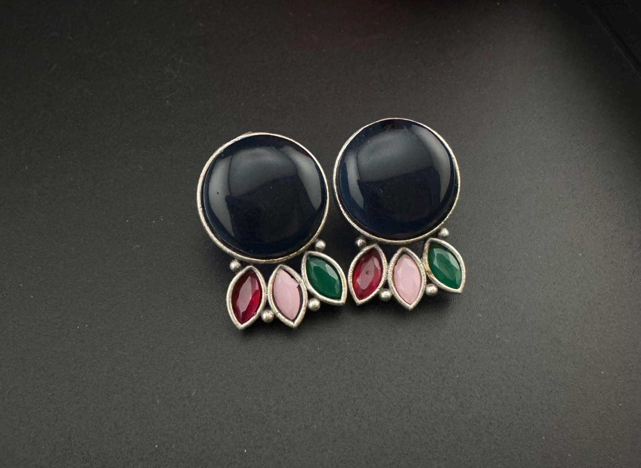 Oxidized German silver, Monalisa Stone studs earring