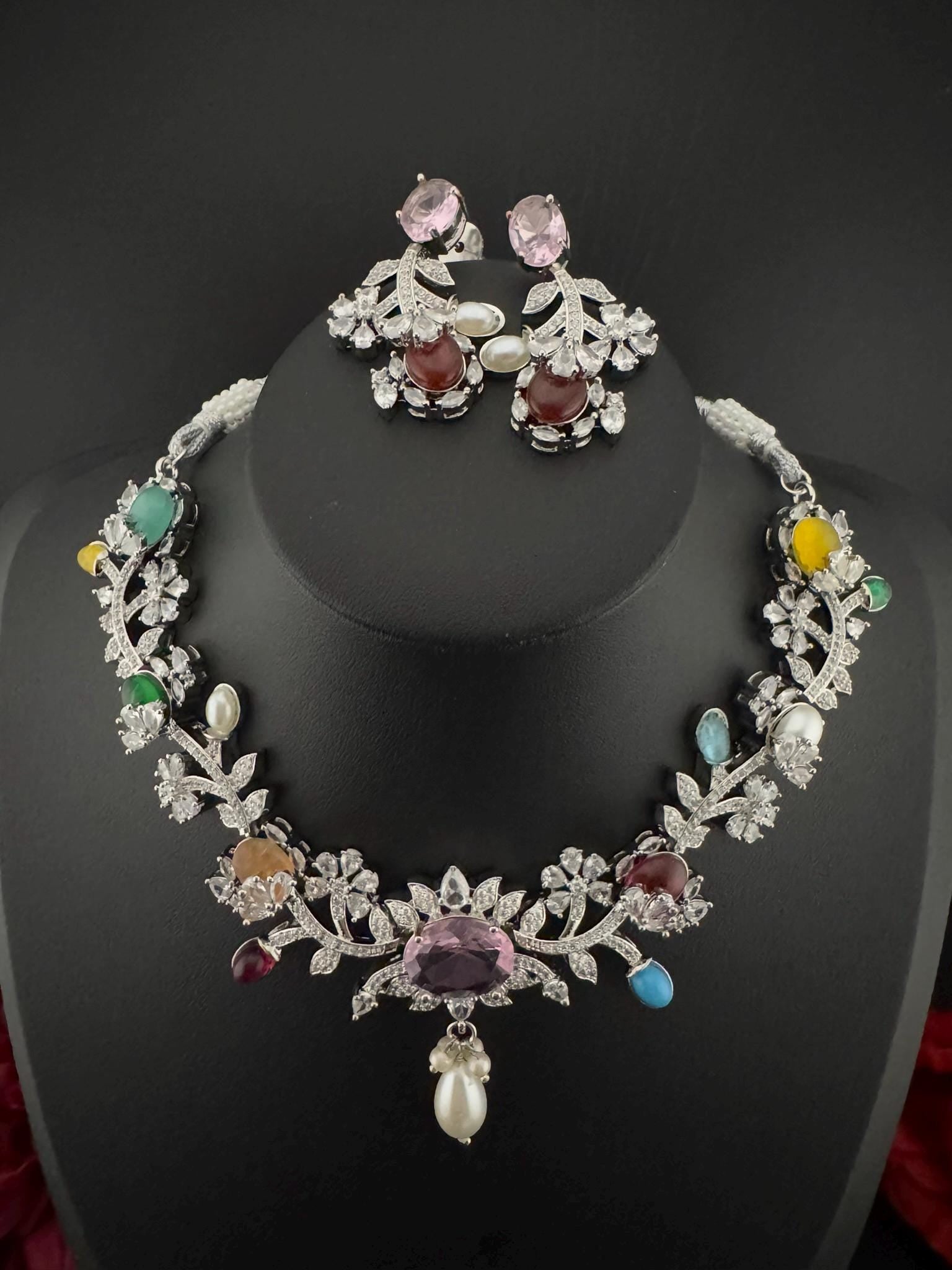 Pink Premium American Diamond, Cubic Zirconia, stones and Pearls Floral Necklace with earrings