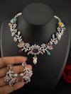 Pink Premium American Diamond, Cubic Zirconia, stones and Pearls Floral Necklace with earrings