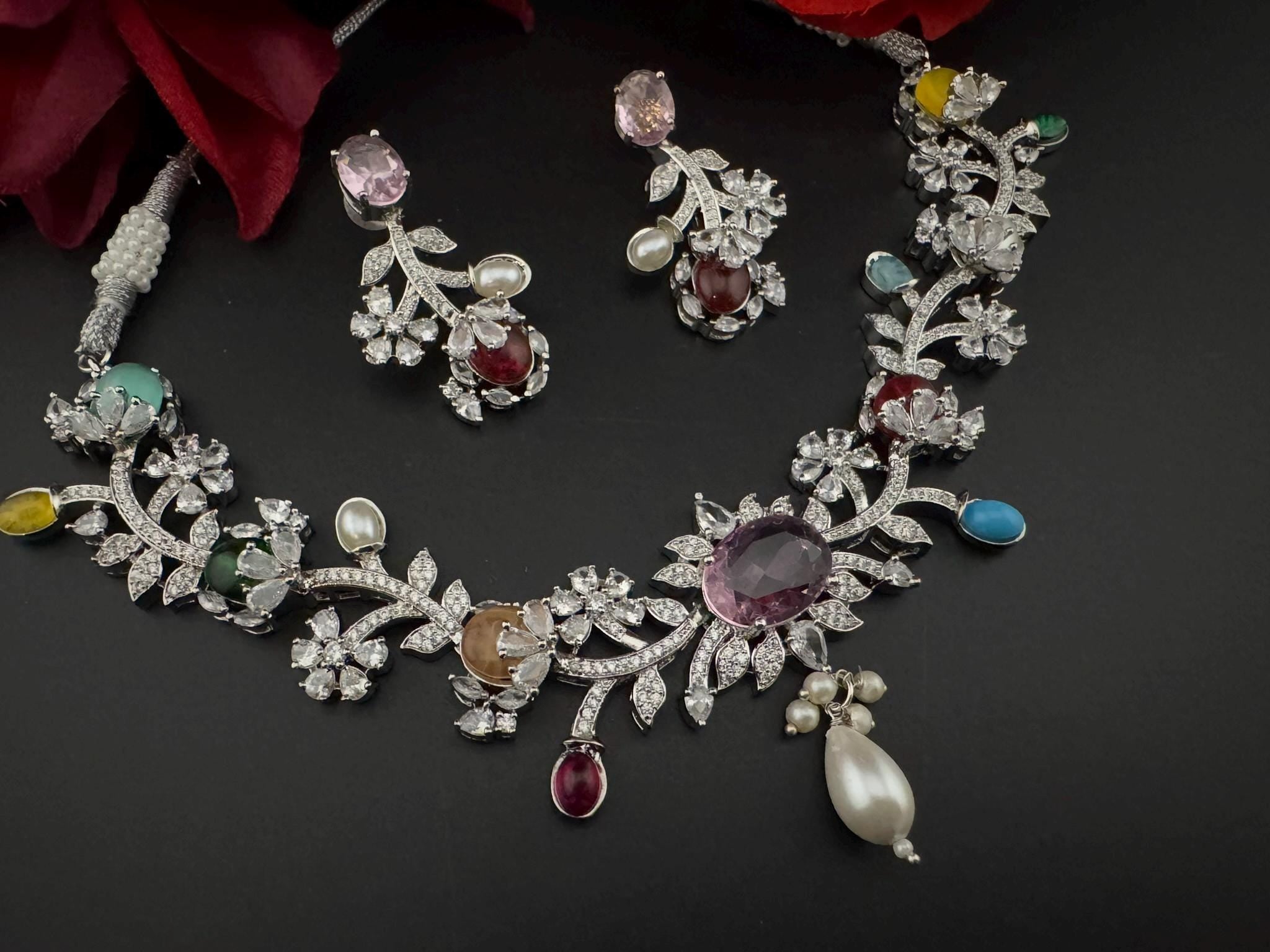 Pink Premium American Diamond, Cubic Zirconia, stones and Pearls Floral Necklace with earrings