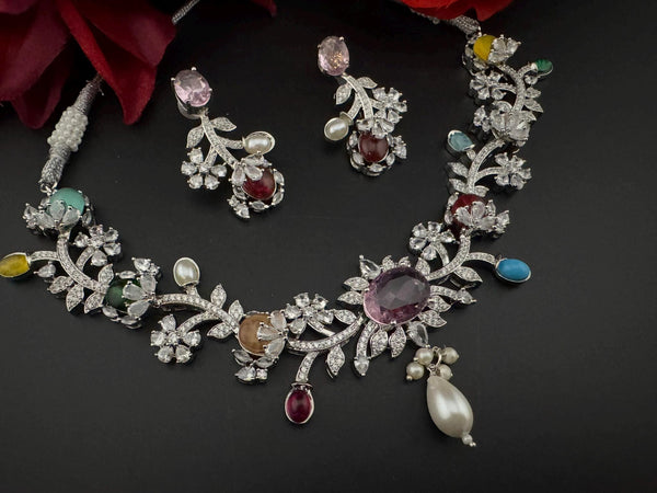 Pink Premium American Diamond, Cubic Zirconia, stones and Pearls Floral Necklace with earrings