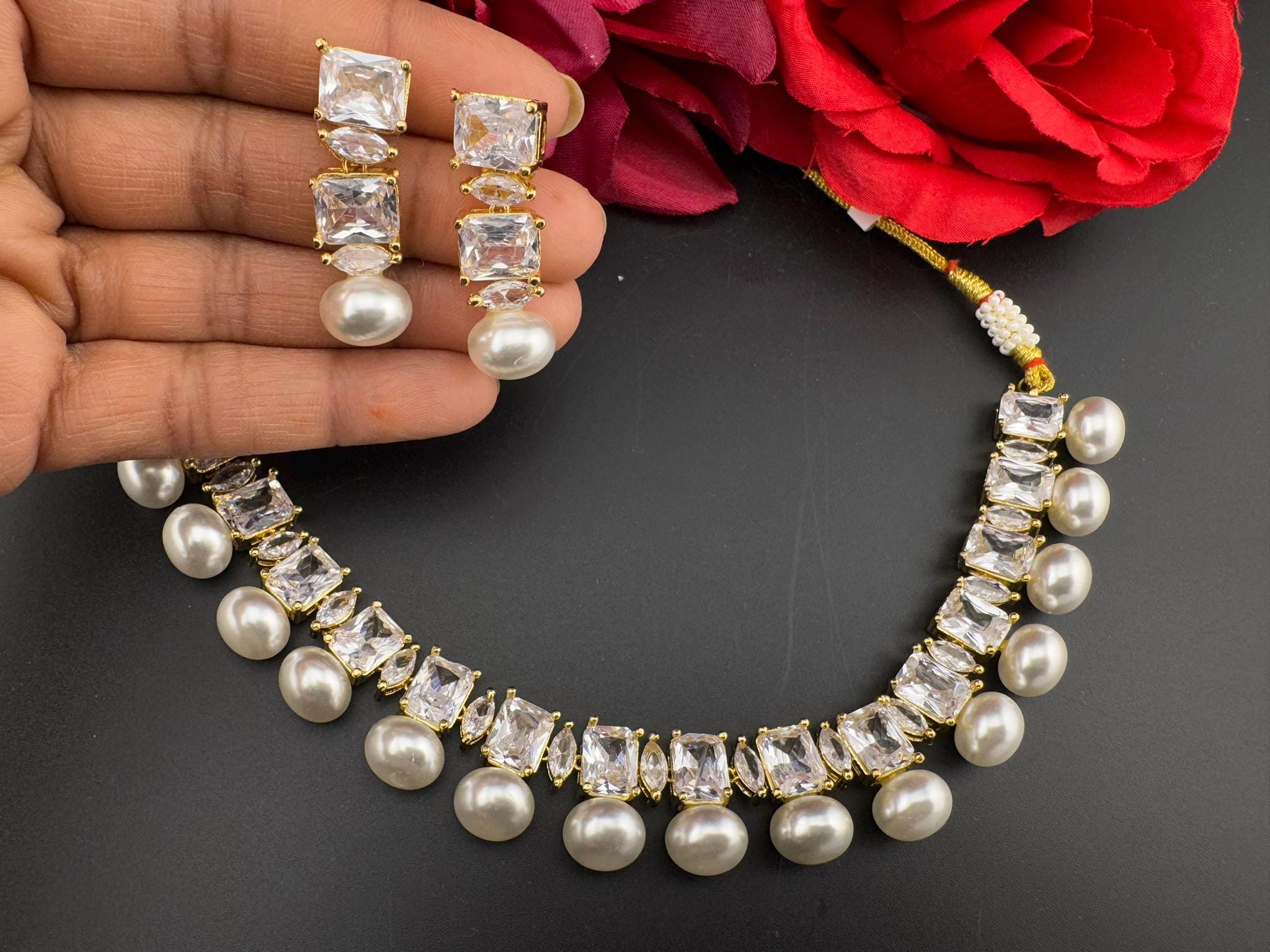 Premium American Diamond, Cubic Zirconia, Stones, Gold Plated, Pearls Necklace set with earrings