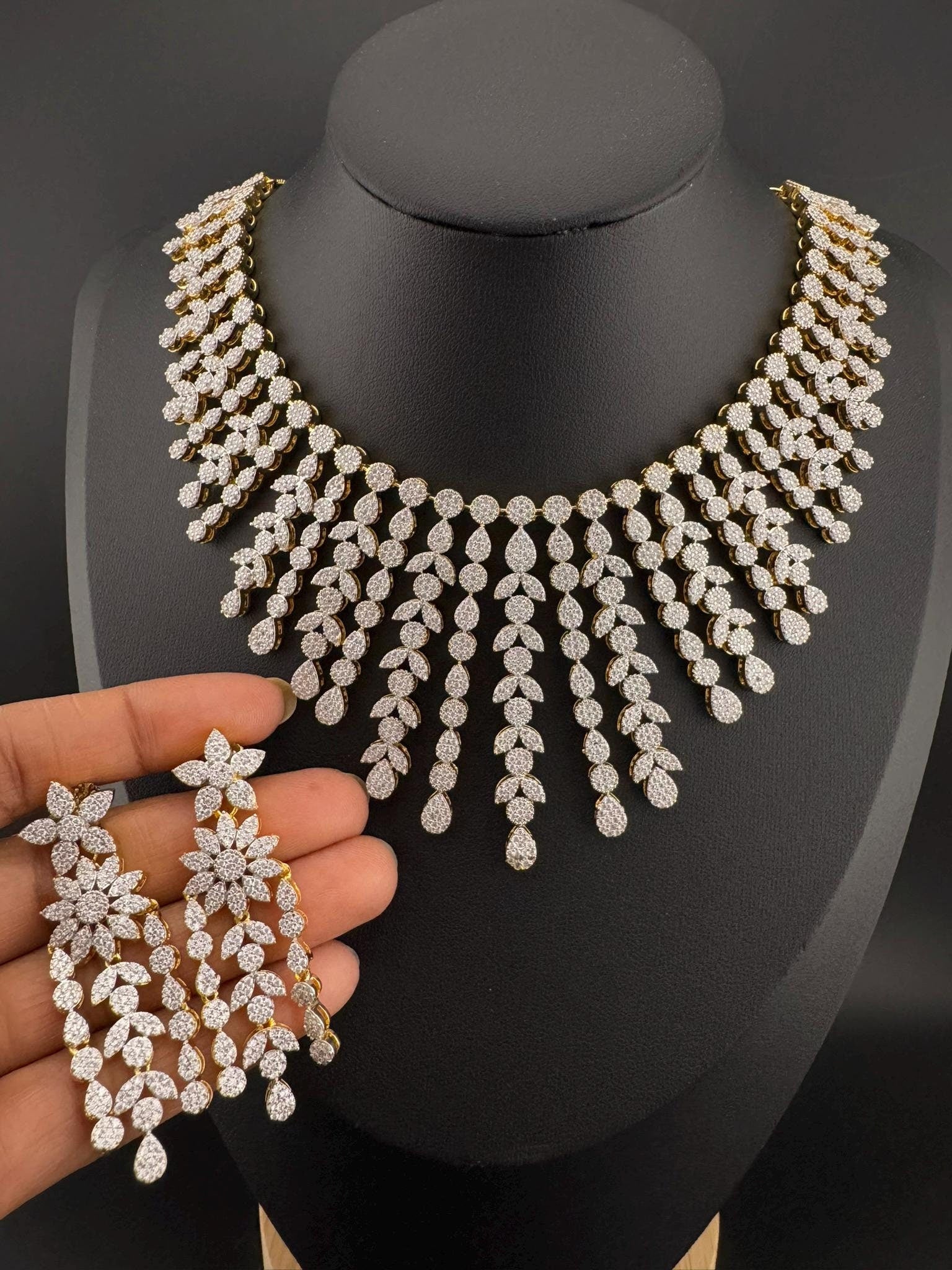 Premium American Diamond, Cubic Zirconia Bridal Collar Necklace with long earrings