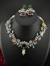 Green Premium American Diamond, Cubic Zirconia, Stones and Pearls Floral Necklace with earrings