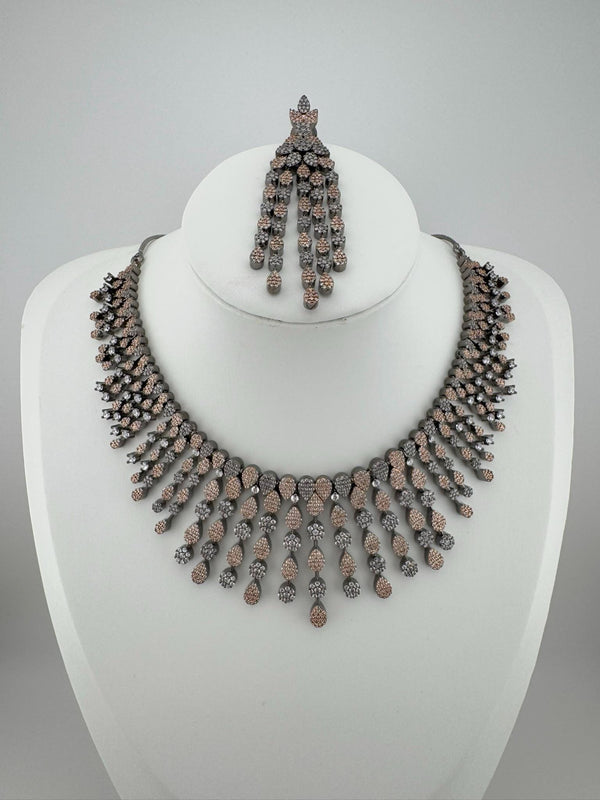 Unique Premium Victorian American Diamond, Cubic Zirconia Bridal Necklace with long earrings