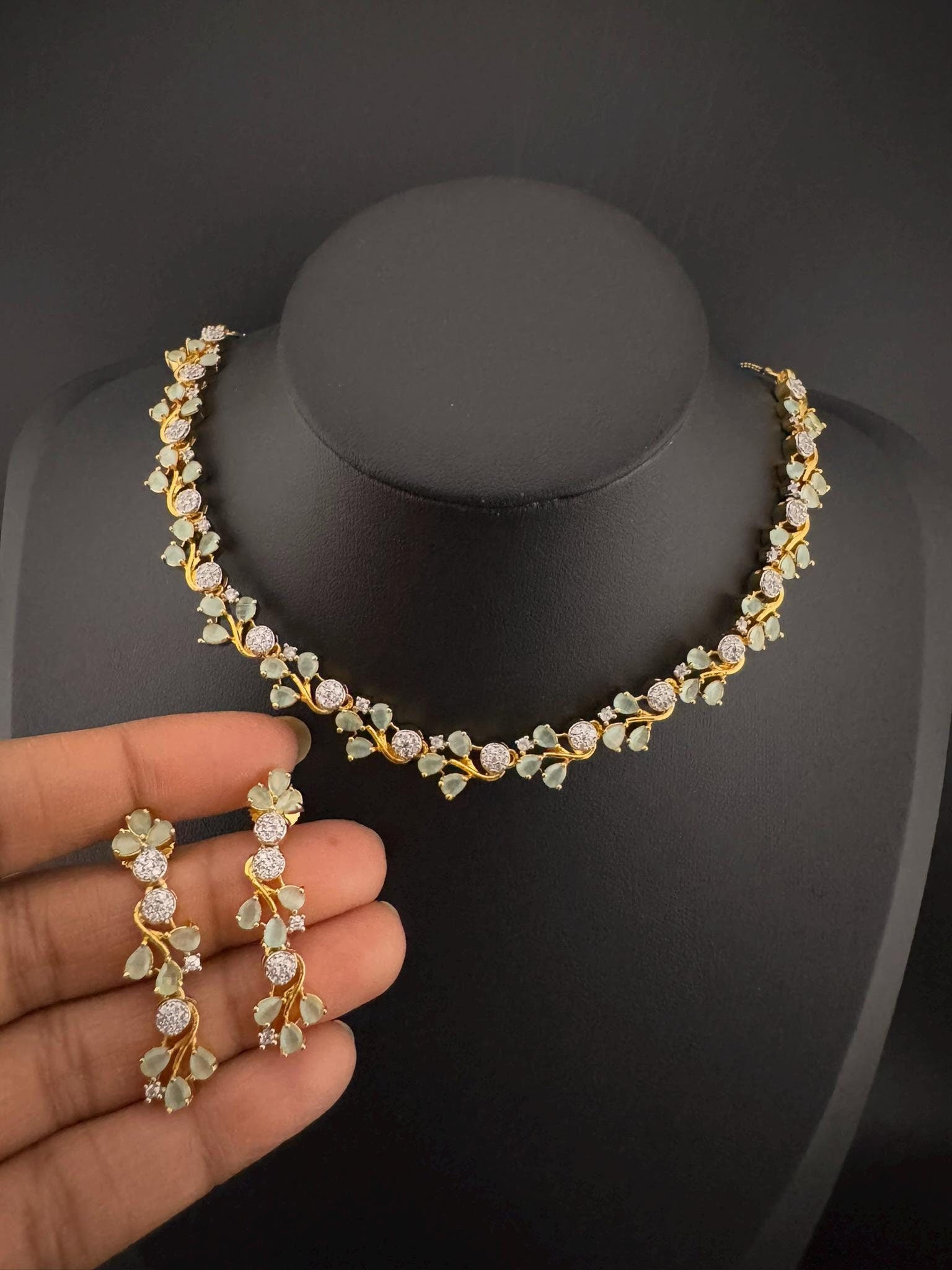 Premium American Diamond, Cubic Zirconia, Stones, Gold Polish, Flower Necklace set with earrings