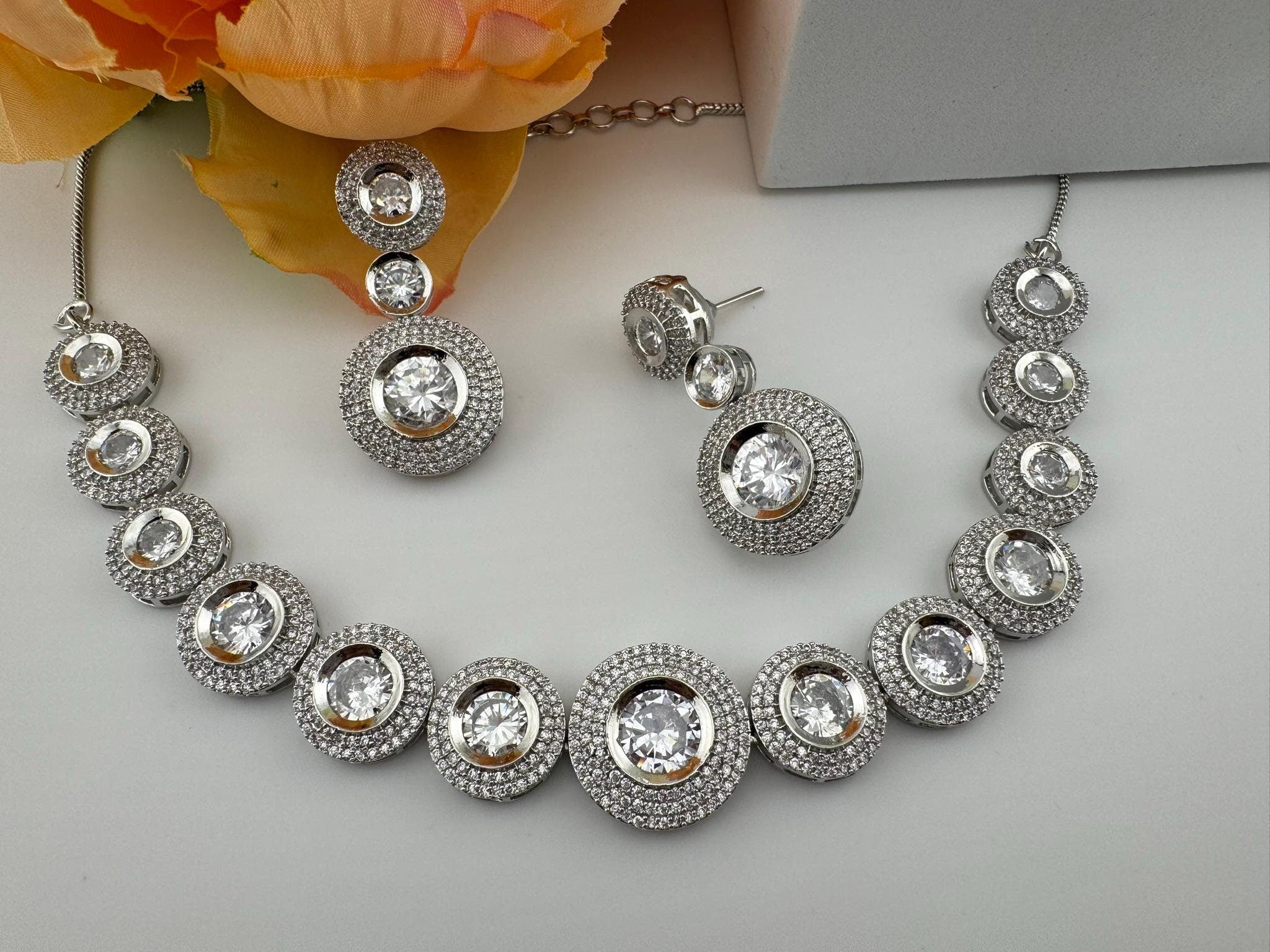 Premium American Diamond, Cubic Zirconia, Silver Polish, High Shine Sleek Necklace set with long earrings
