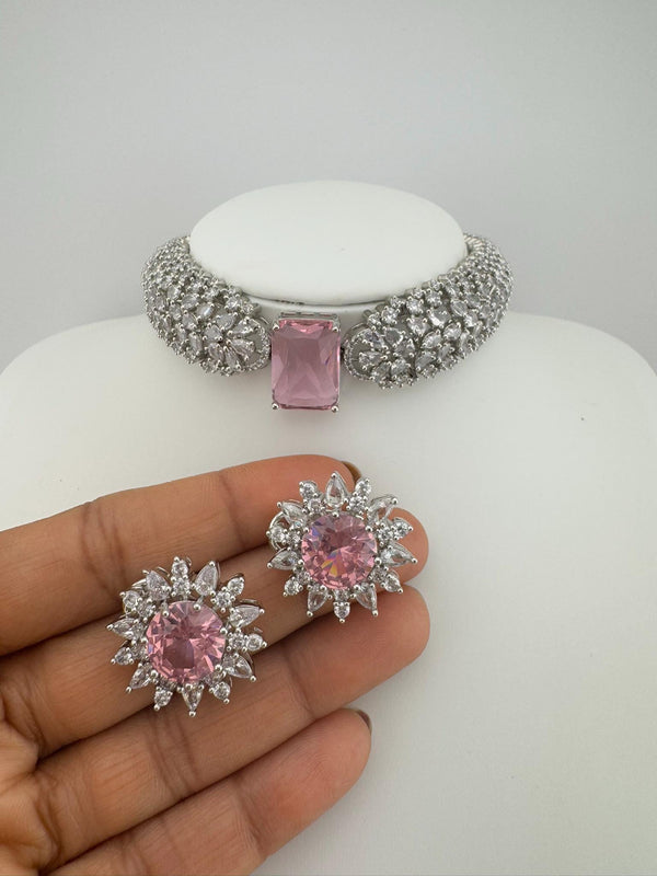 Premium American Diamond Cubic Zirconia, Crystal Stones Choker Necklace set with Studs earrings