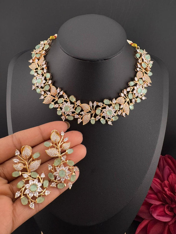 Premium American Diamond, Cubic Zirconia Floral Necklace with Long earrings