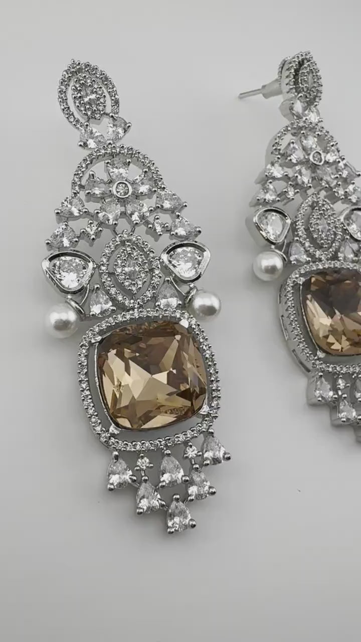 Champagne Cubic Zirconia Chandelier Long earrings with Pearls and Crystals