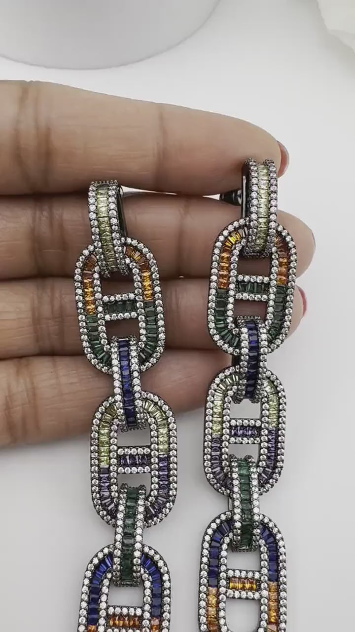 Unique Nano Setting Cubic Zirconia Multicolor Long Earrings