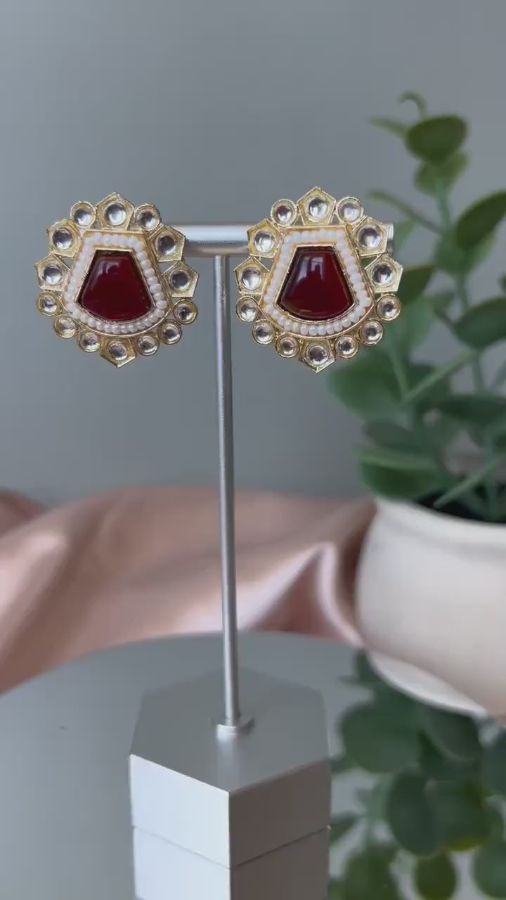 Gold Maroon, Red Stud Monalisa Stone, Pearl earring
