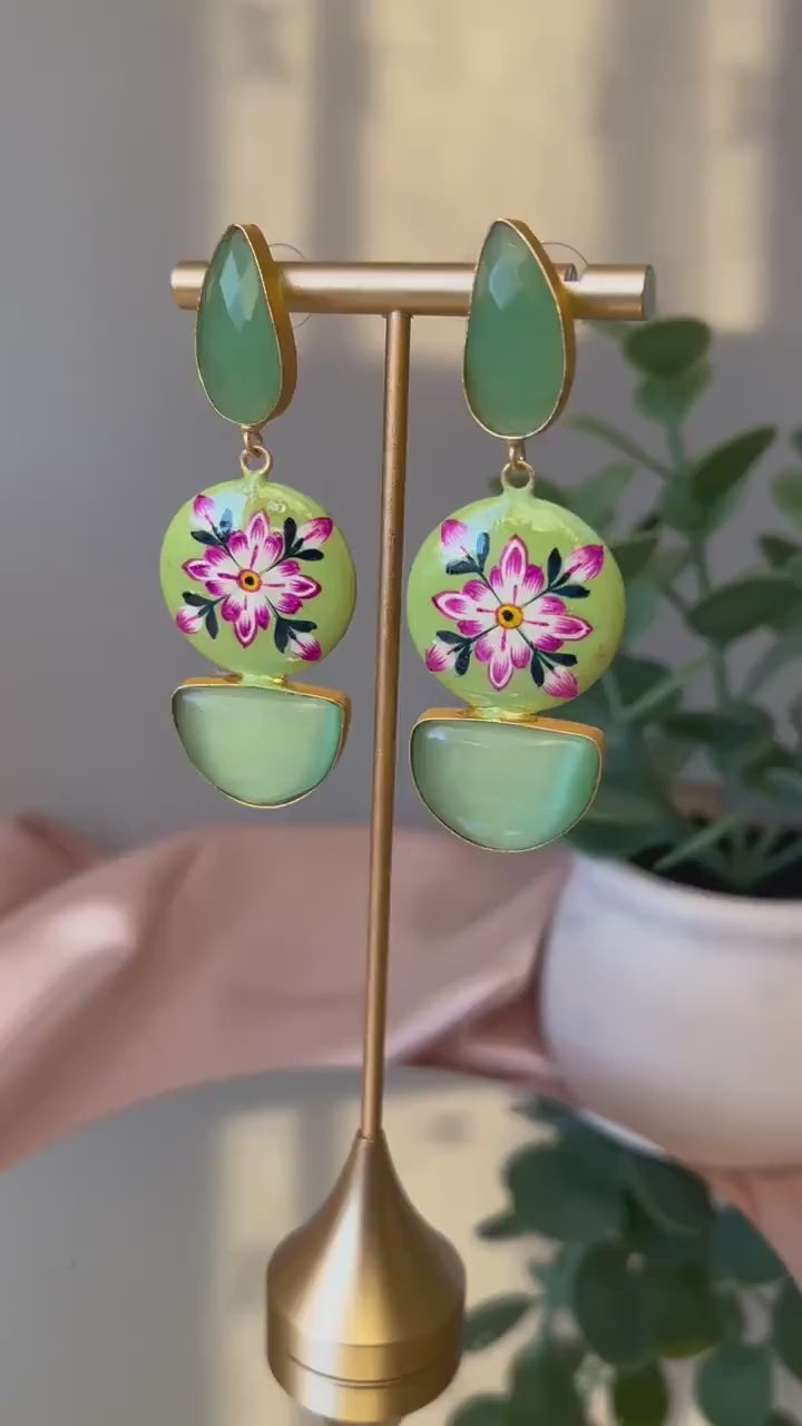 Gold and Light Green earring with Minakari and Monalisa Stone
