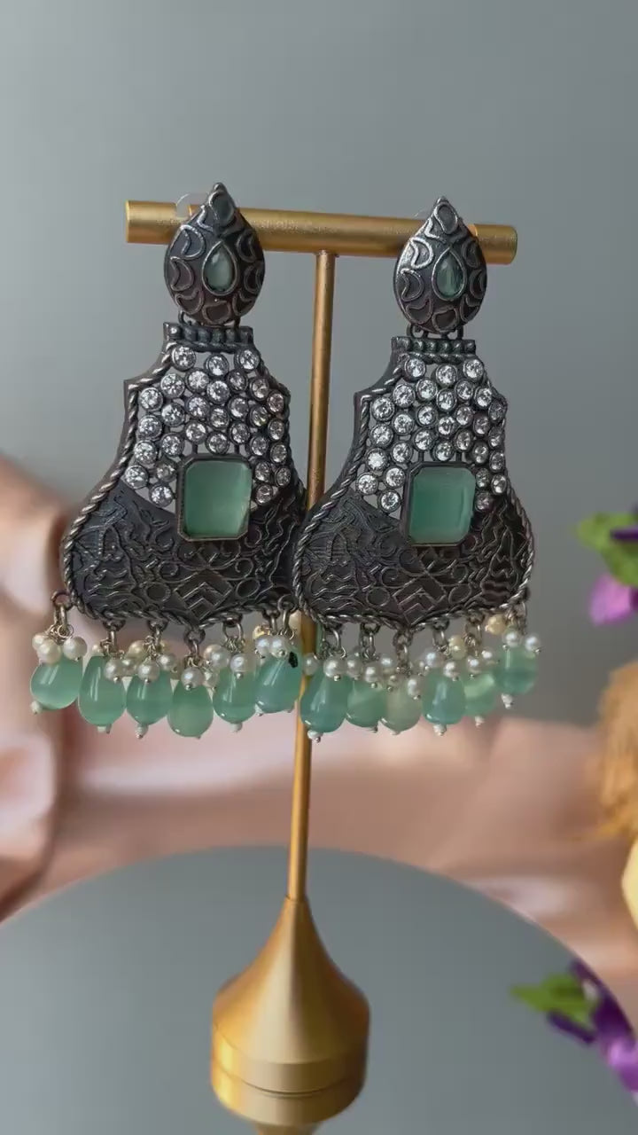 Premium Light Blue oxidized German Silver Chand Bali with CZ and stone