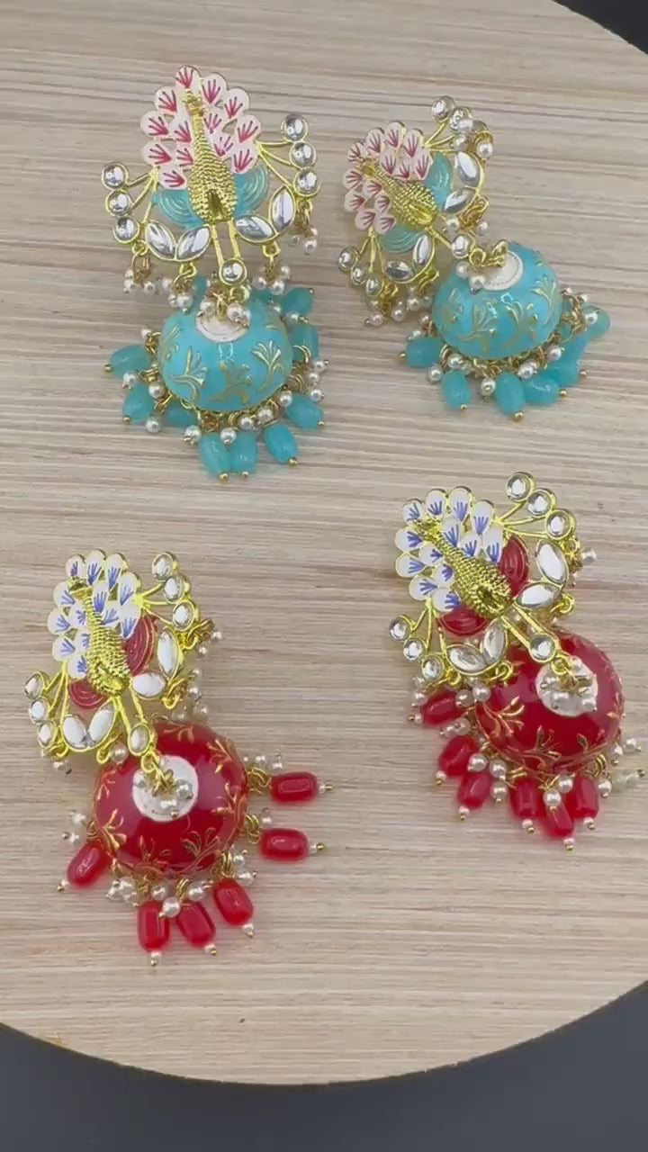 Peacock Jhumka Earrings with Kundan, Minakari, CZ and pearls in Gold Polish
