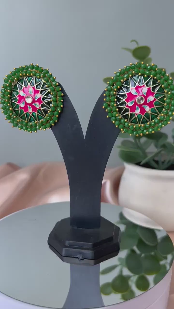 Big Stud Earrings with Green beads and Minakari