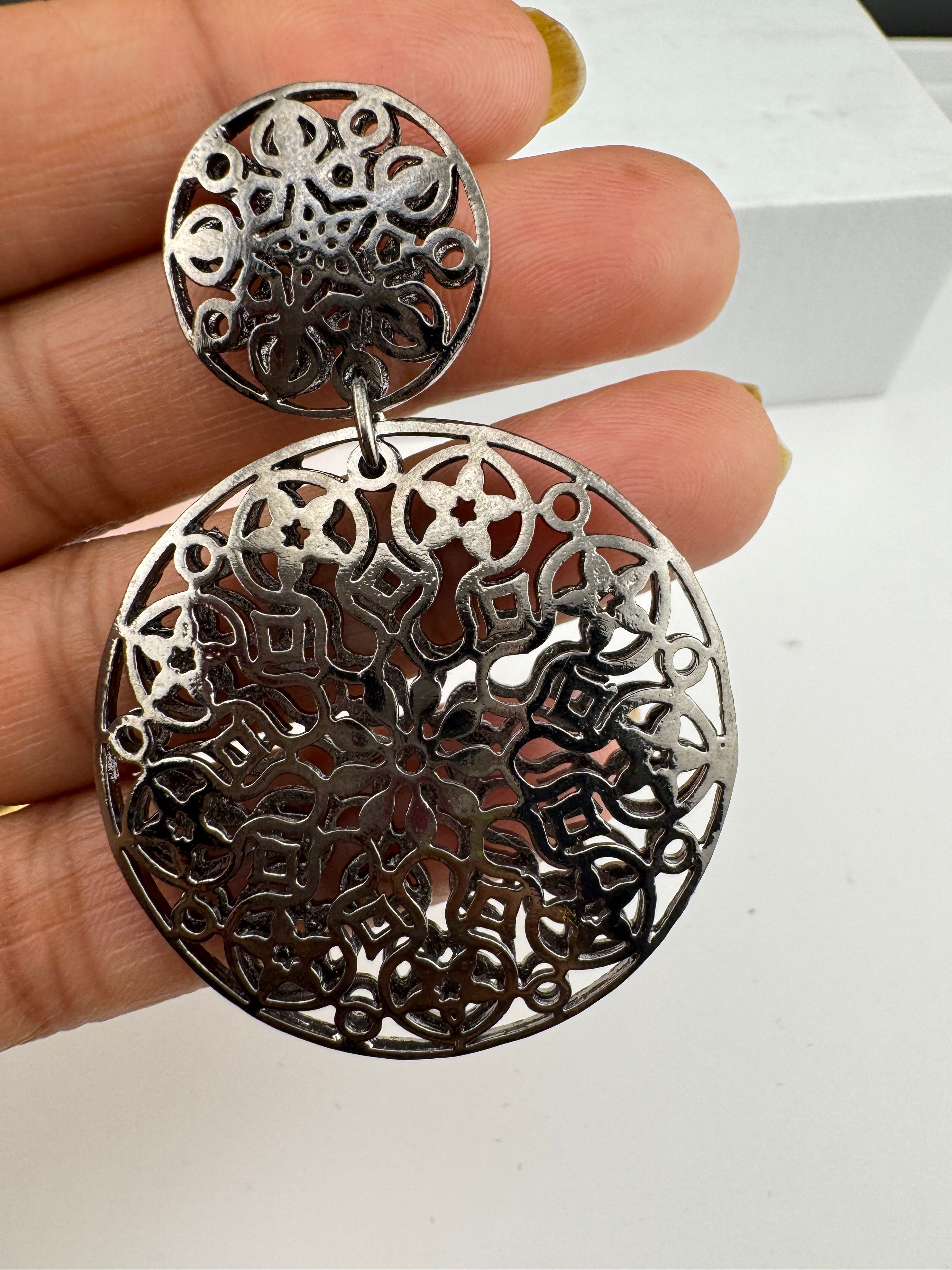Black Metal, oxidized silver chandbali earring self cut design/Statement Earring/Boho Earrings/Lightweight jewelry