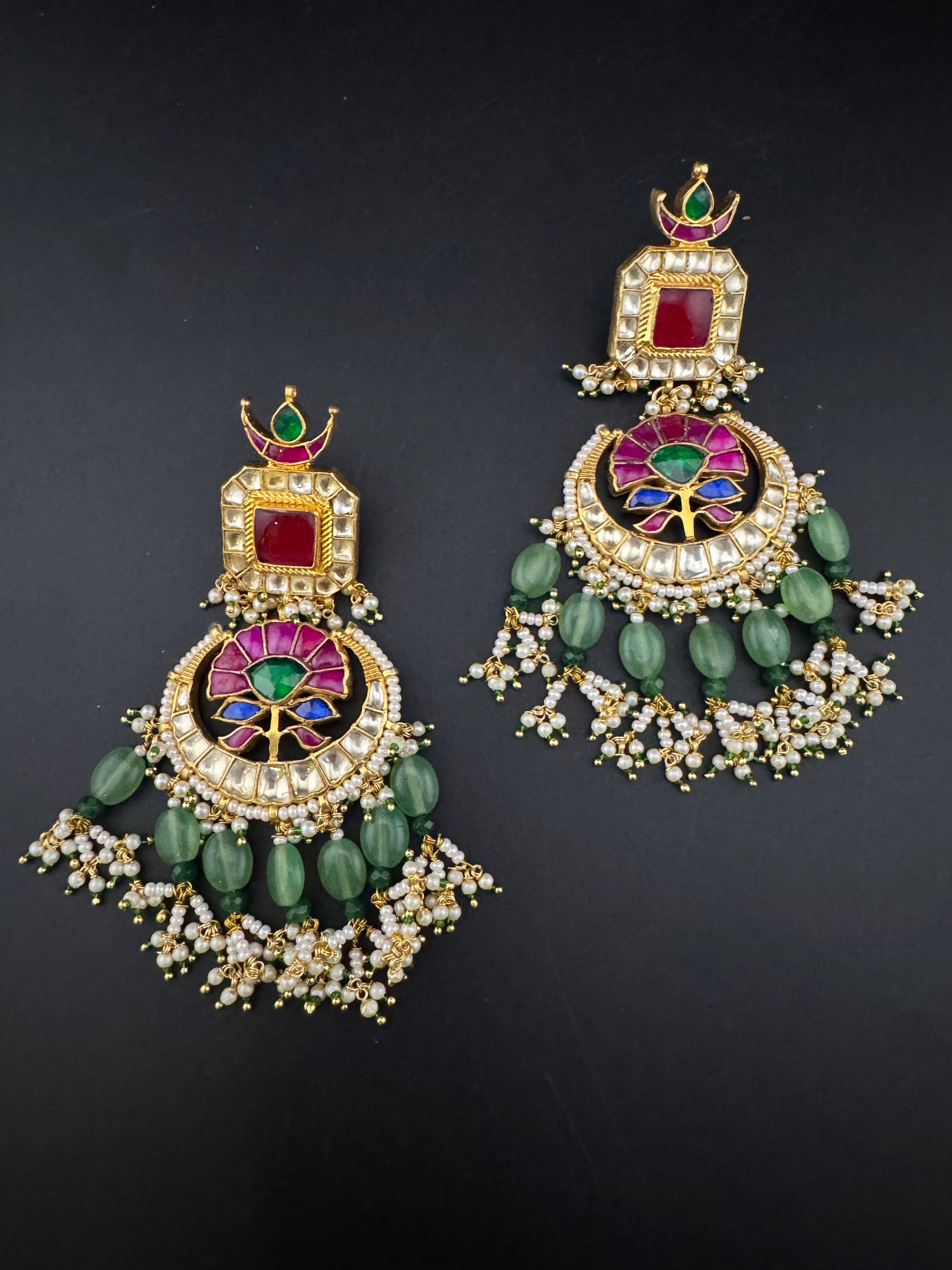 Multicolor pacchi Kundan stones Pearls Oversized Chandelier Long Earrings, Bridal, Designer jewelry