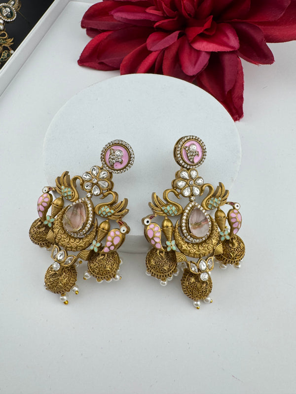 Amrapali inspired Matt Gold, Stone, Enamel, Pearl Oversized ChandBali Jhumka Earrings, designer jewelry