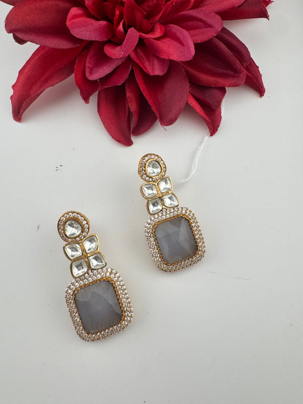 Gray and Gold Kundan, Stone Chandelier Drop Earrings, Bridal, Moissanite, CZ, Designer jewelry