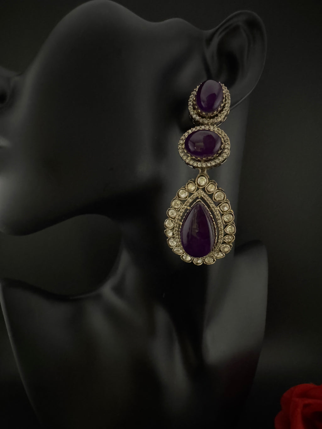 Purple and Gold Kundan, Doublet Stone Chandelier Long Earrings, Bridal, Moissanite, CZ, Designer jewelry