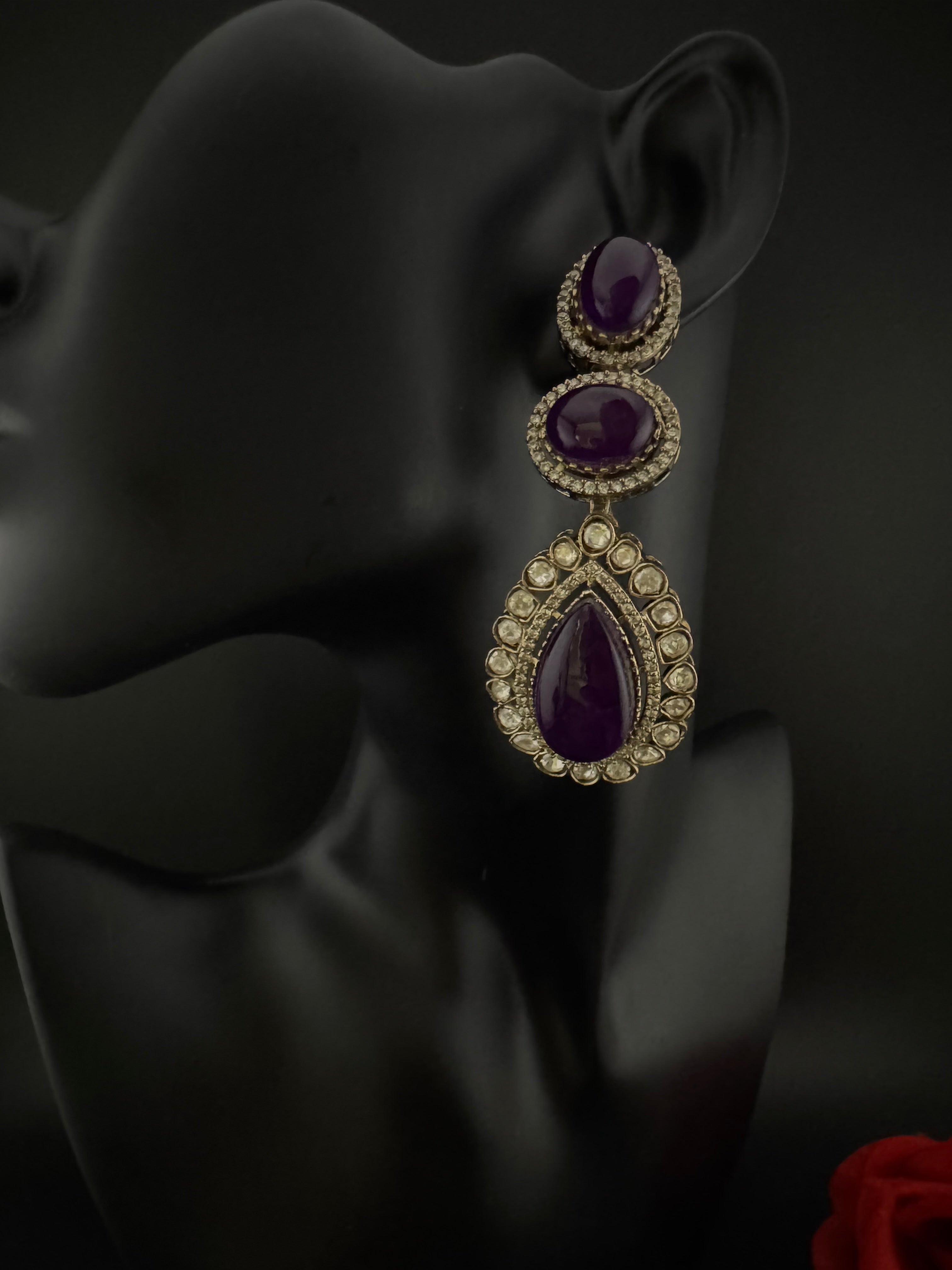 Purple and Gold Kundan, Doublet Stone Chandelier Long Earrings, Bridal, Moissanite, CZ, Designer jewelry