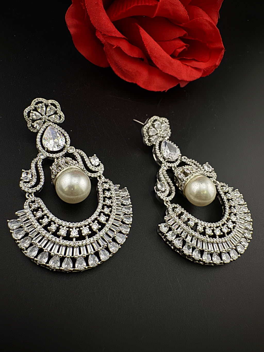 Premium Cubic Zirconia Pearl Chandelier Oversized earrings is designer Inspired, Statement Long earring, Bridal, Party, Wedding jewelry,