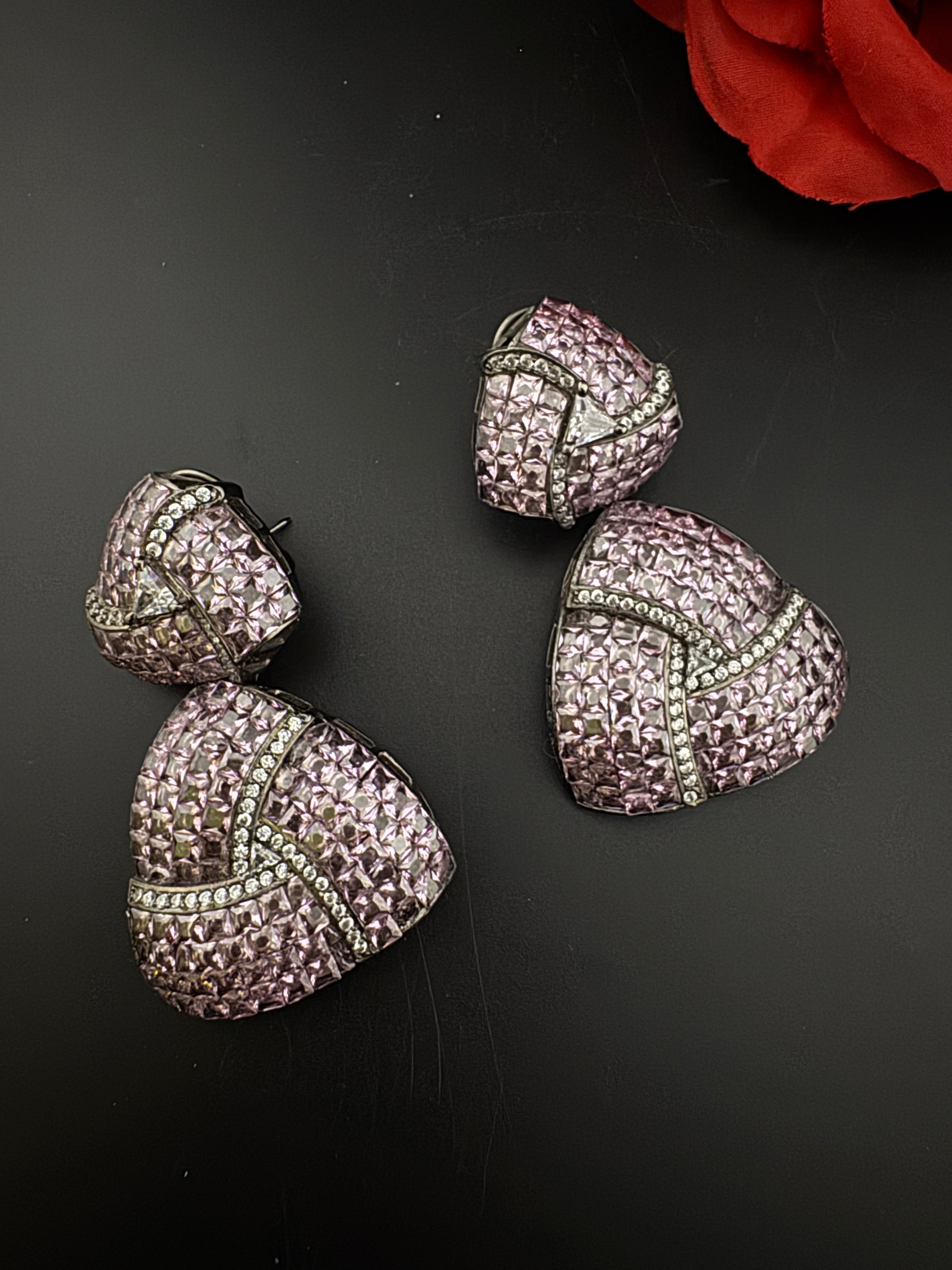 Premium Nano Setting Cubic Zirconia, Lavender Crystal stones in Unique setting is Victorian stylish designer Inspired Statement long earring