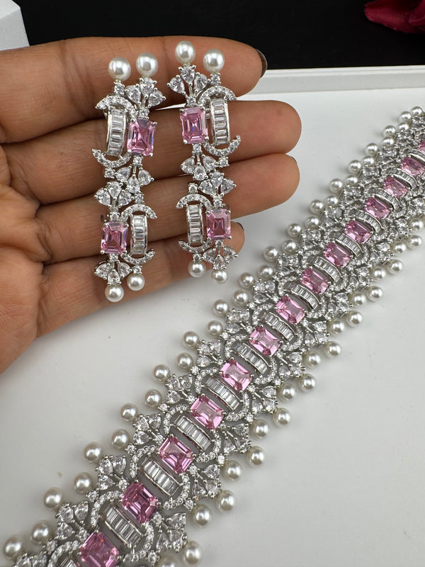 Step cut Crystals and CZ Diamond Statement Necklace Set, White Gold Plated Choker set