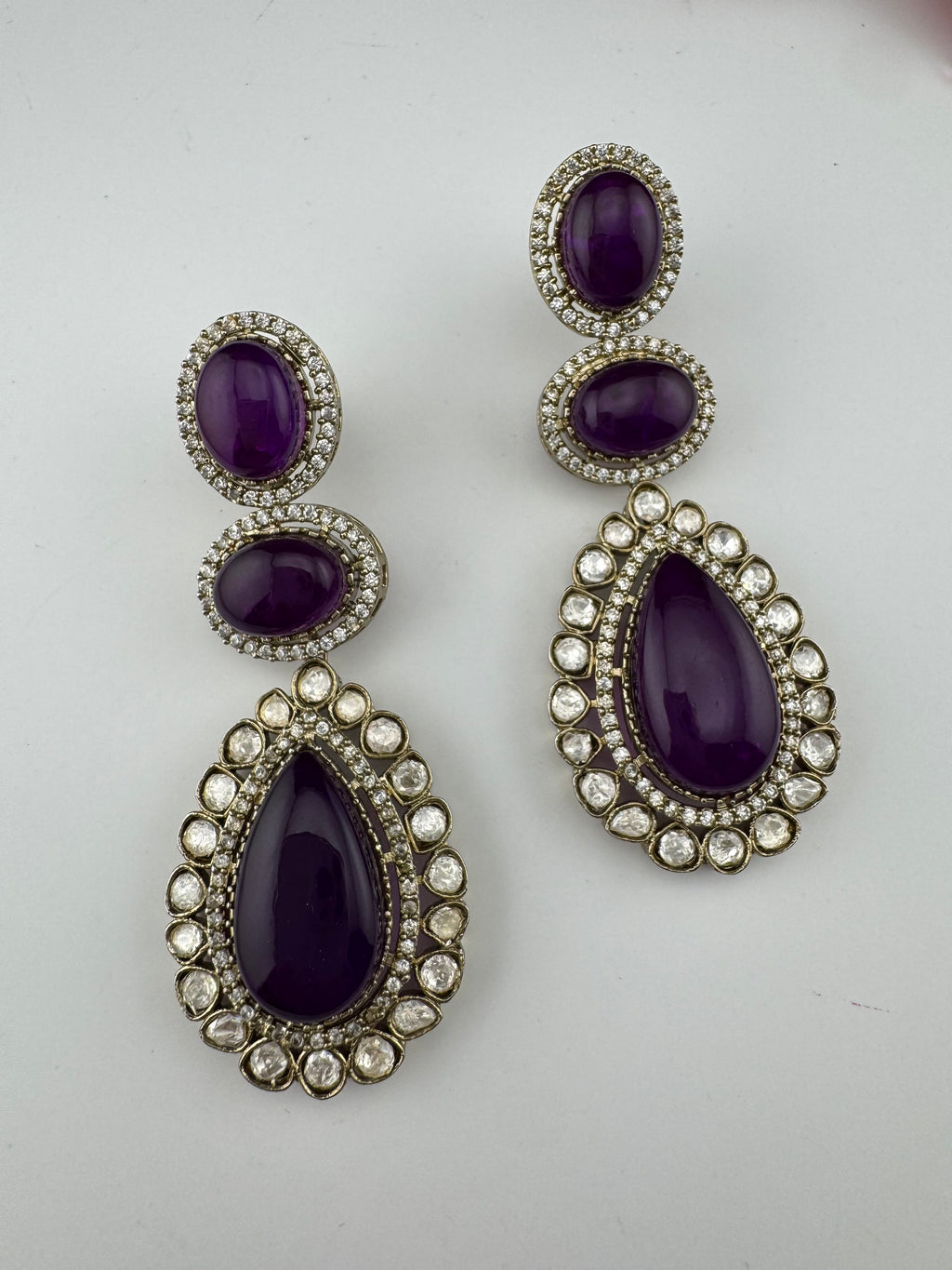 Purple and Gold Kundan, Doublet Stone Chandelier Long Earrings, Bridal, Moissanite, CZ, Designer jewelry
