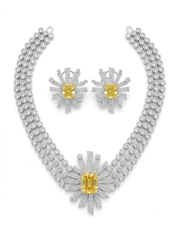 Swarovski Crystals and CZ Diamond star burst Necklace Set, White Gold Plated set