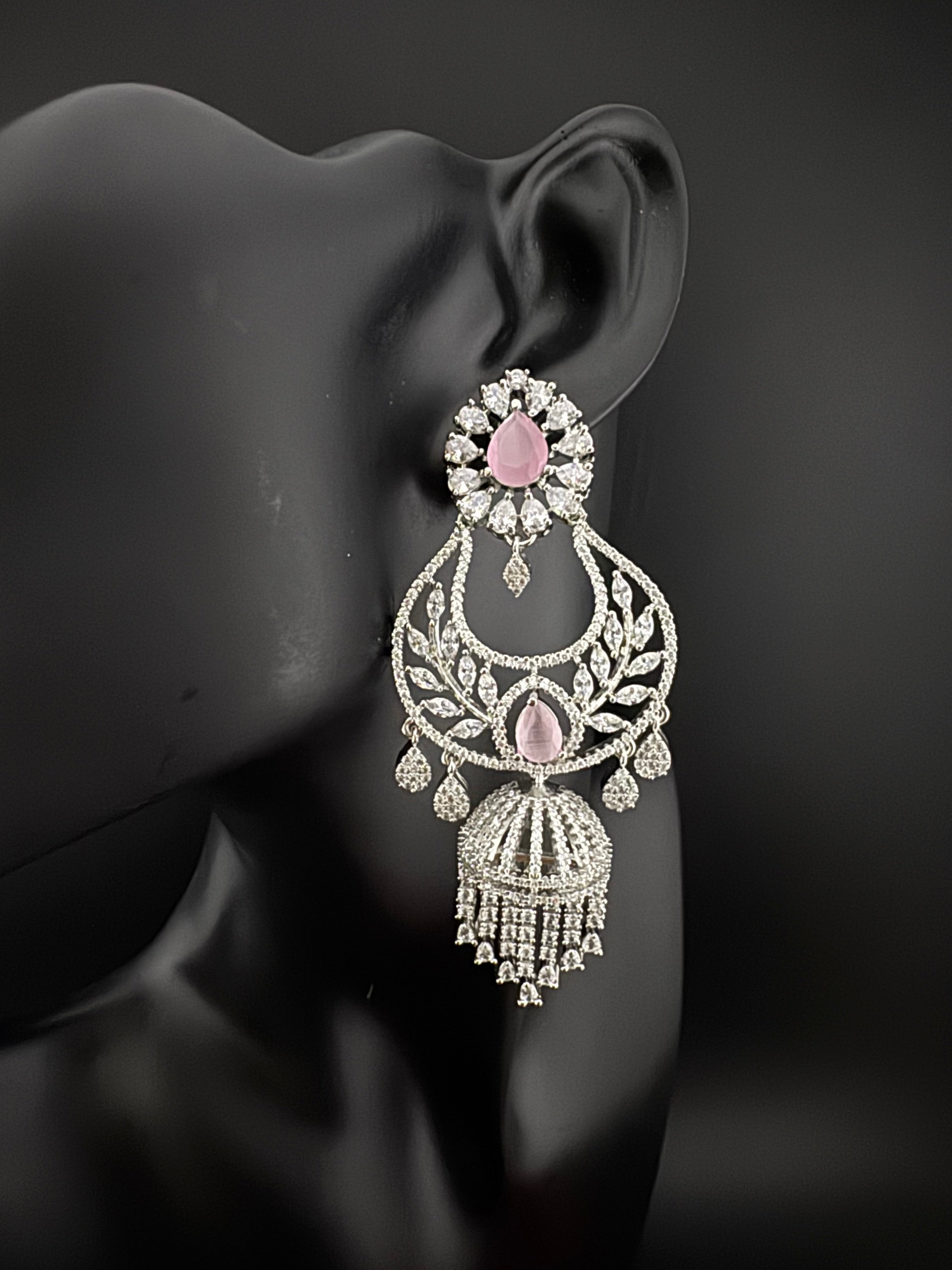 Premium Cubic Zirconia Chandbali humka earrings is designer Inspired, Statement Long earring, Bridal, Party, Wedding jewelry, chic, Indian