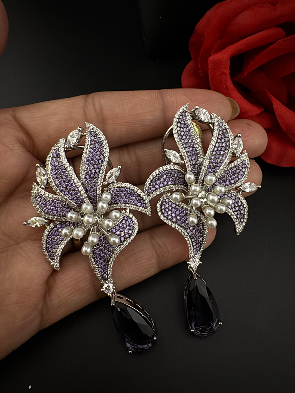 Premium Nano Setting Cubic Zirconia Pearl Oversized Studs earrings in leaf shape, stylish, designer Statement Big earring/Bridal Bridesmaid