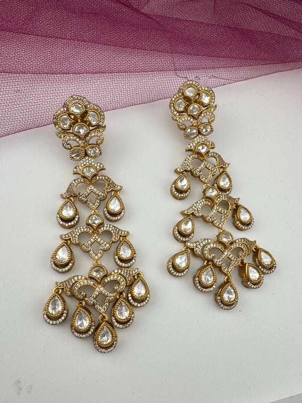Gold with kundan, cubic zirconia chandbali Long Drop earrings, Indian Jewelry