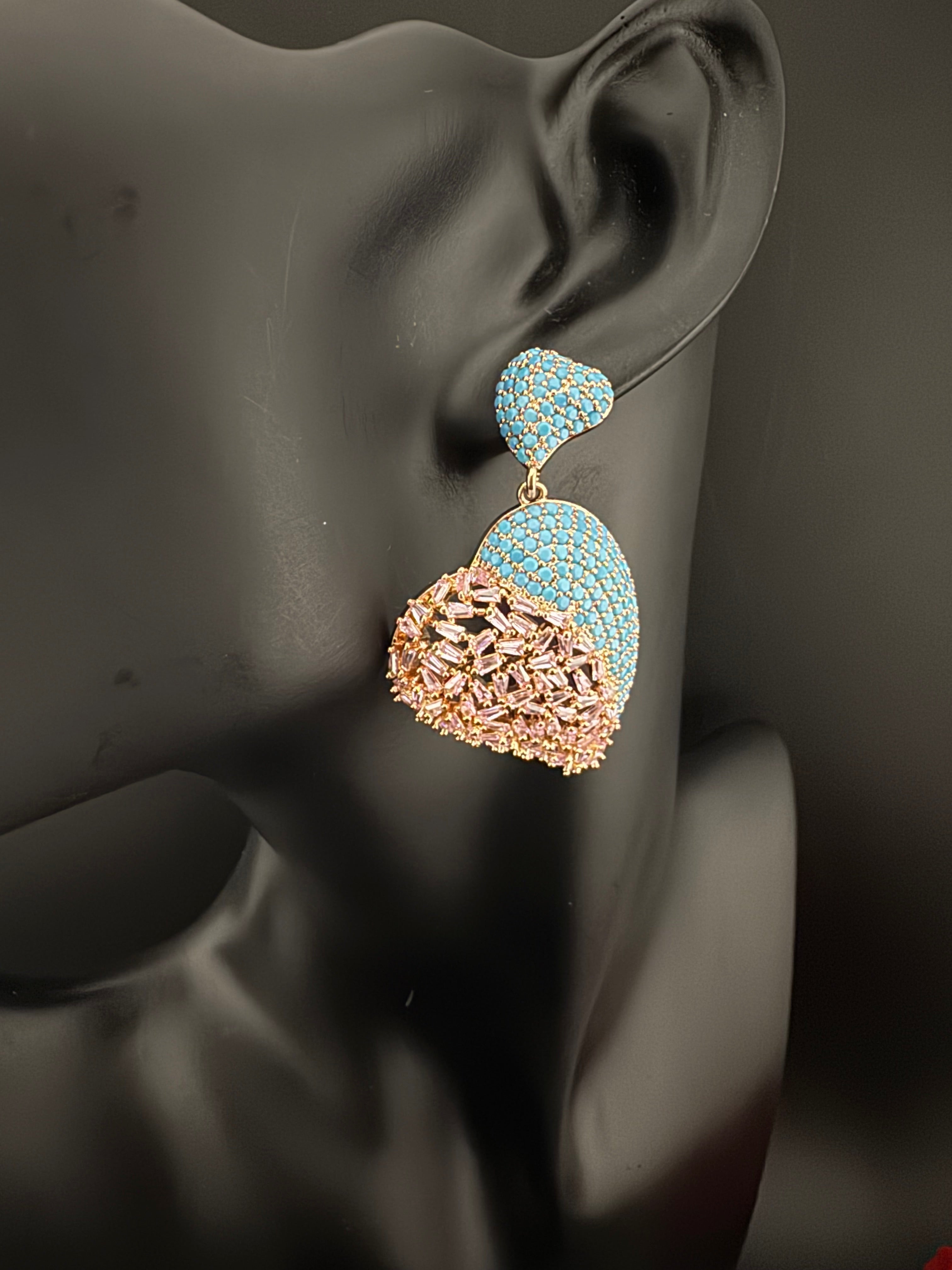 Premium Nano Setting Multicolor Cubic Zirconia, Crystal stones in Unique setting is designer Inspired Statement Heart shaped earrings