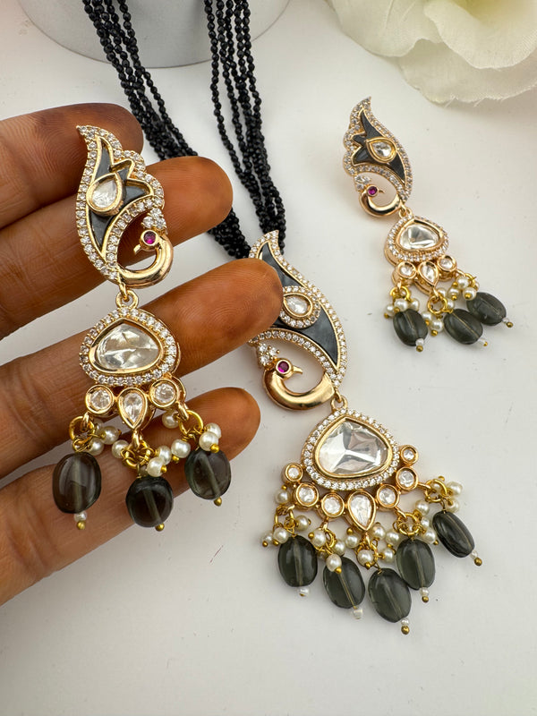 Kundan, CZ, MOP, Pearls, Hydro Beads Peacock Long necklace set, Rani haar, everyday wear jewelry
