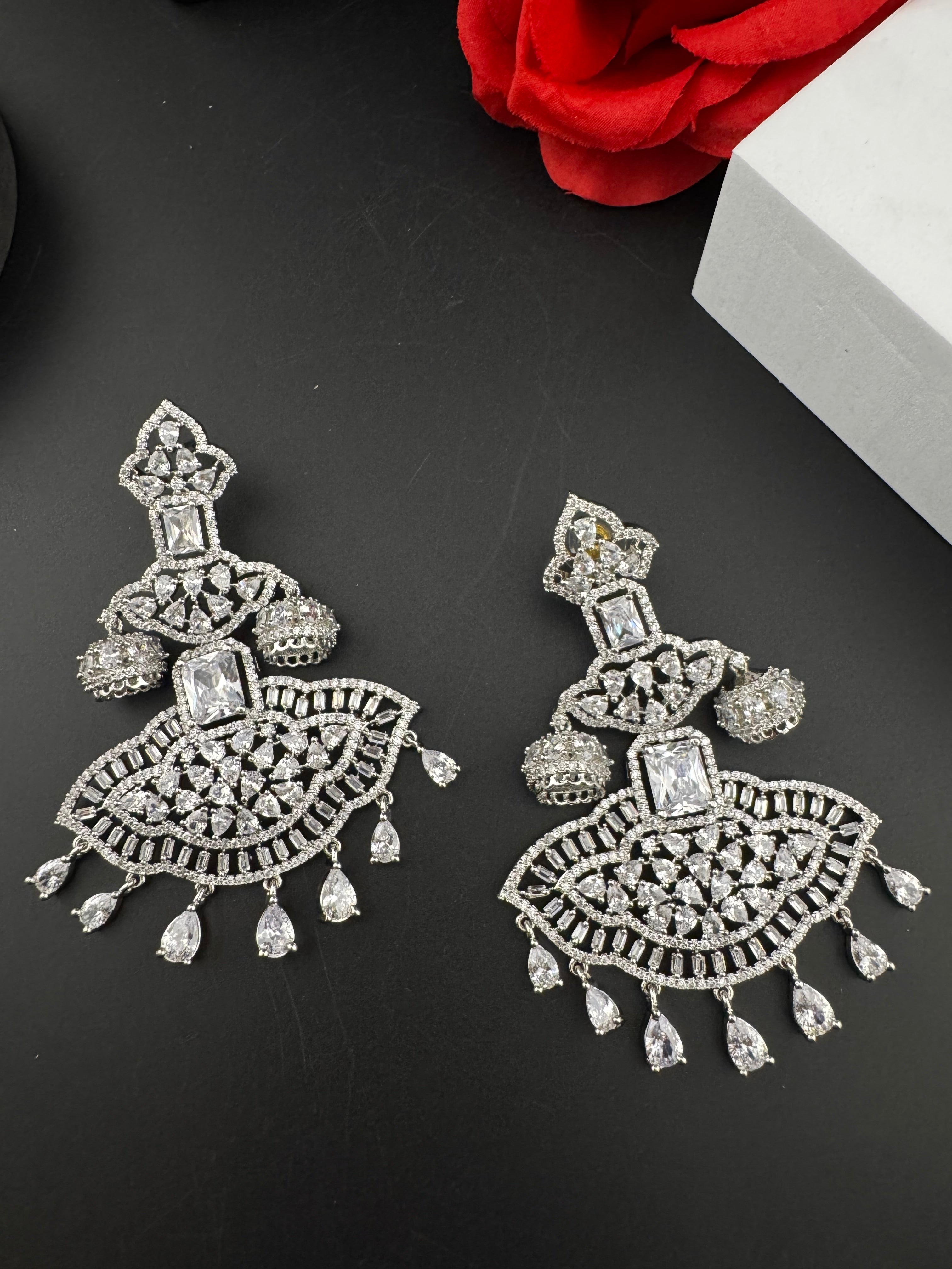 Premium Cubic Zirconia Chandelier Oversized earrings is designer Inspired, Statement Long earring, Bridal, Party, Wedding jewelry,