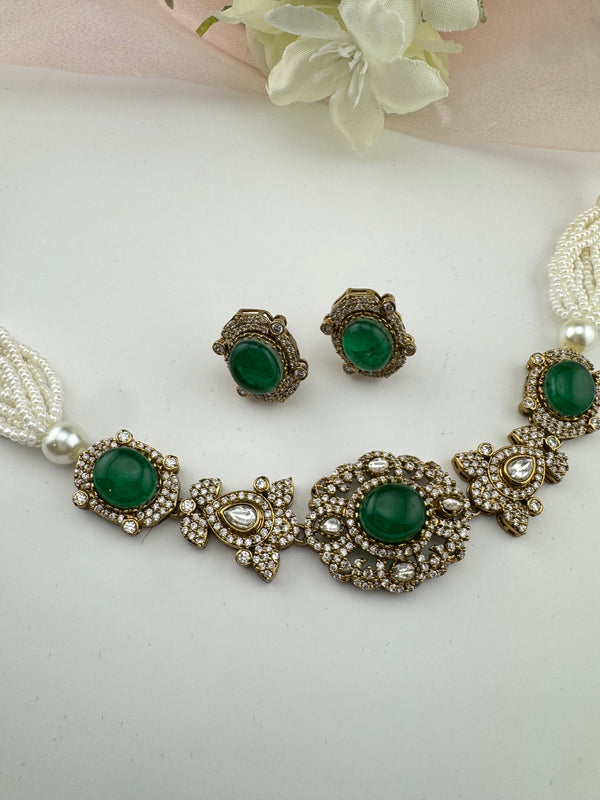 Moissanite Kundan, Pearls, CZ, Stones Choker necklace set, Indian Bridal Jewelry, chic set