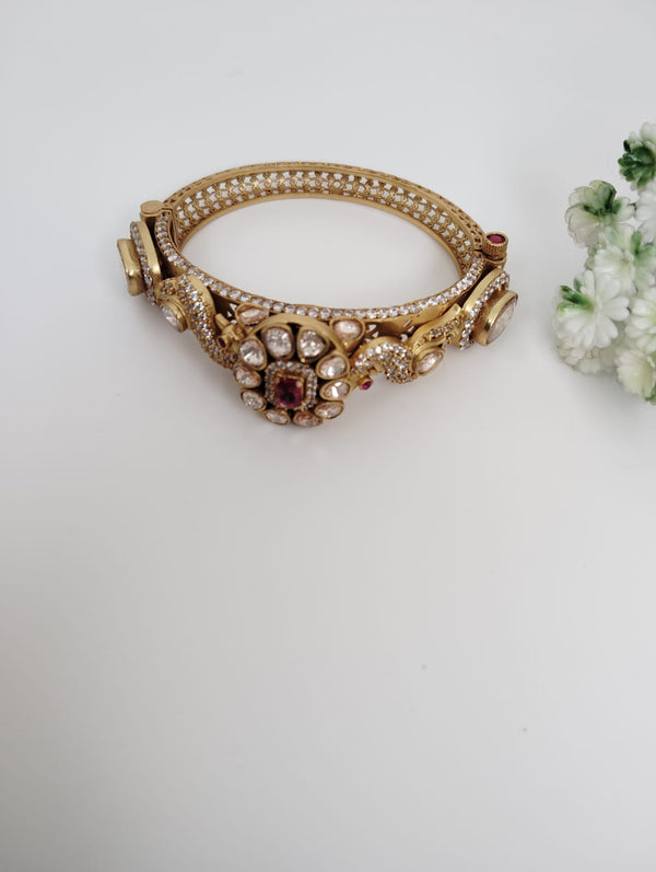 Peacock Amarapali inspired Moissanite Kundan, CZ, Stone Bracelet Bangle, Gold Polish (Fits 2.6" wrists)