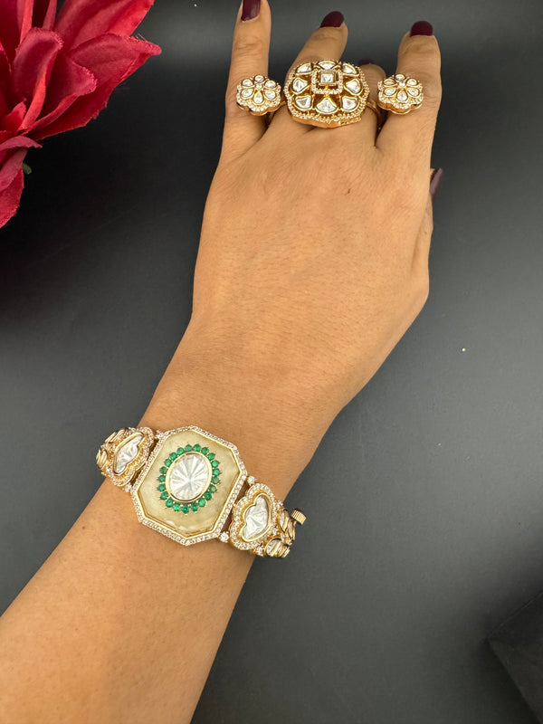Moissanite Kundan, MOP, CZ Adjustable Bracelet Bangle, Gold Polish (Fits size 2.6")