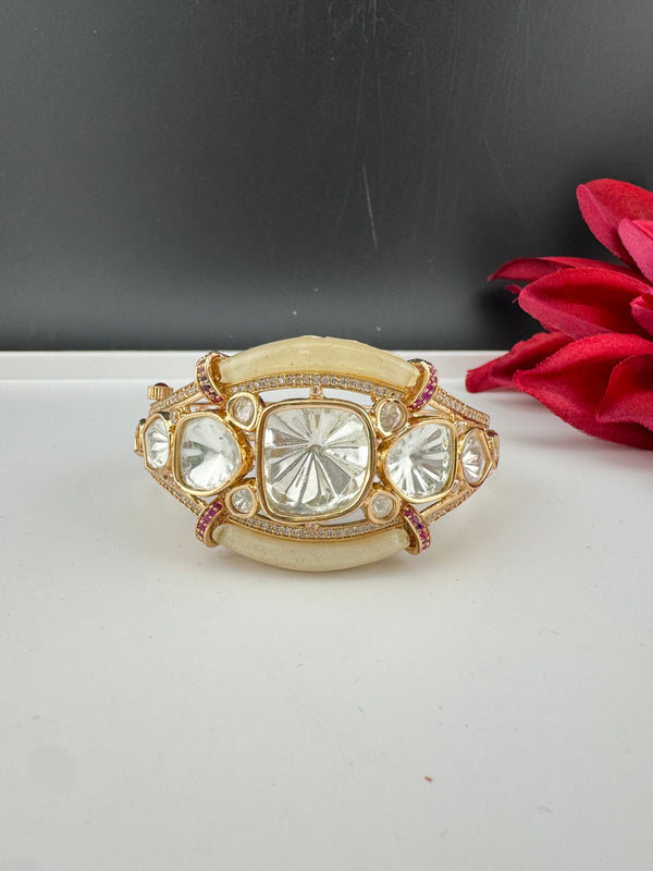 Moissanite Kundan, MOP, CZ Adjustable Bracelet Bangle, Gold Polish Designer Bangle